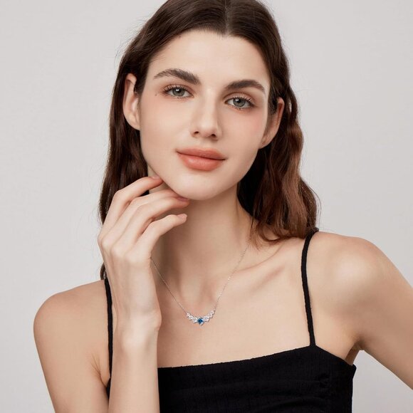 Women's Moissanite Birthstone Pendant Sterling Silver Gold Plating Blue Necklace - Picture 2 of 6